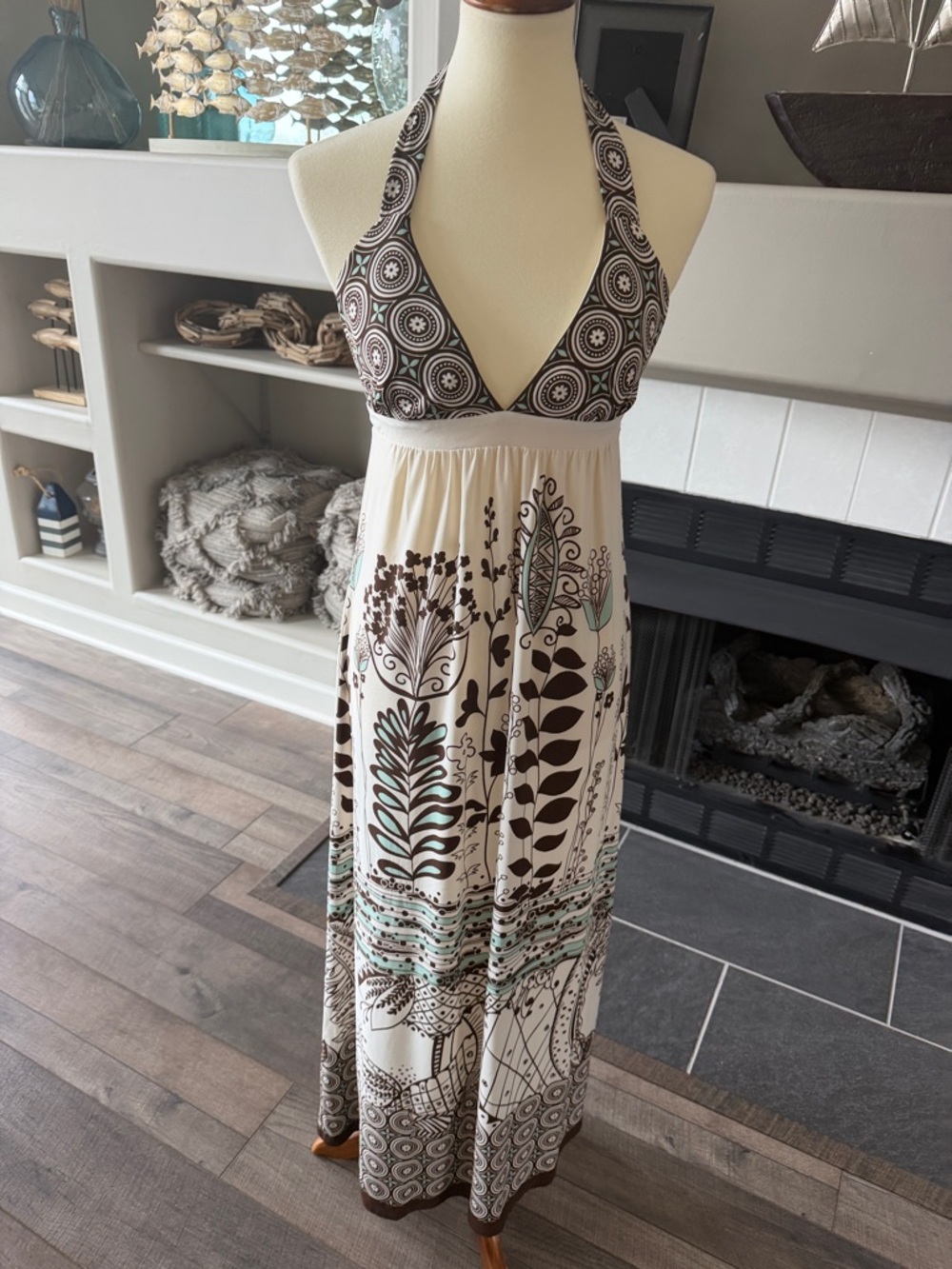 Women’s Halter Maxi Dress in Cream and Brown